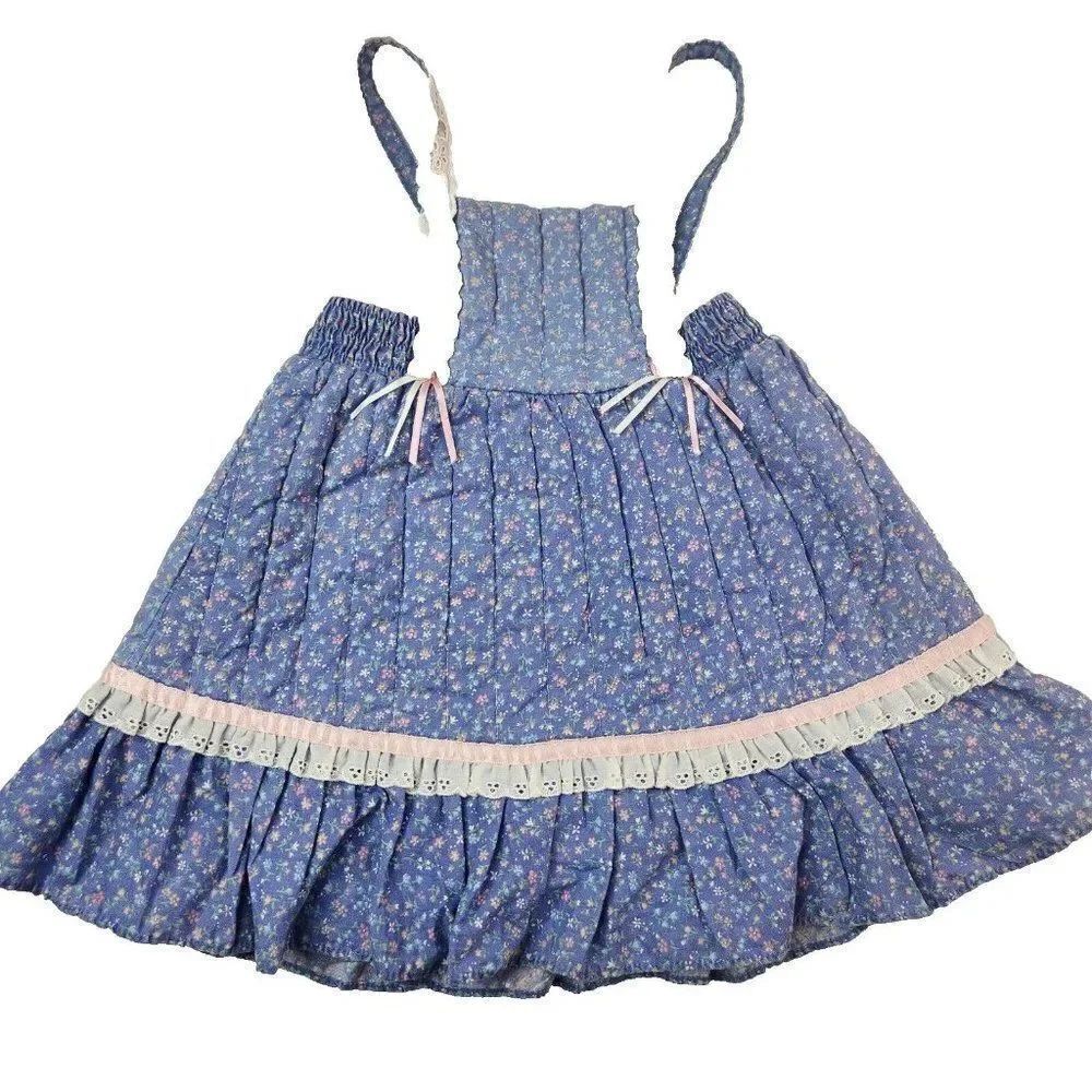 Vintage 80s Her Majesty Girls 3T Jumper Dress Blue Quilted Floral Prairie